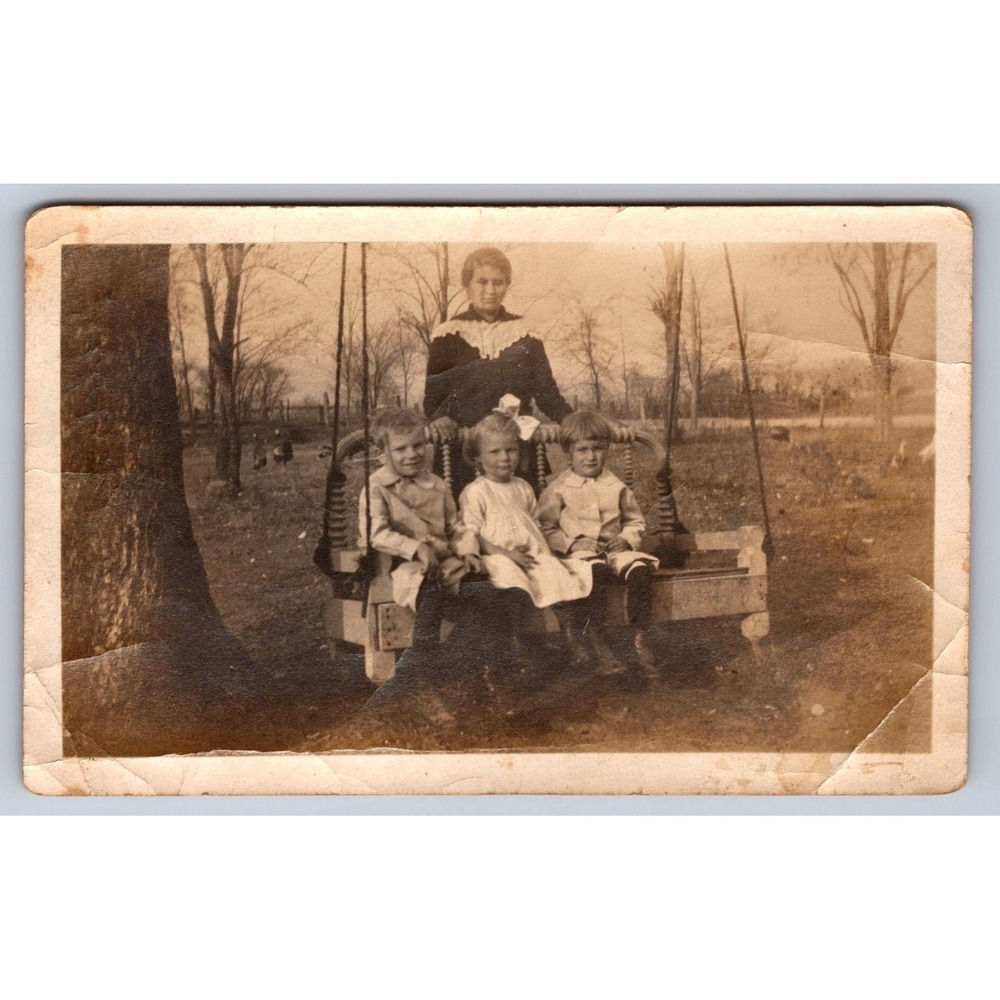 Antique 1900s Snapshot Photo Woman Children Family Outdoor Swing Portrait Sepia